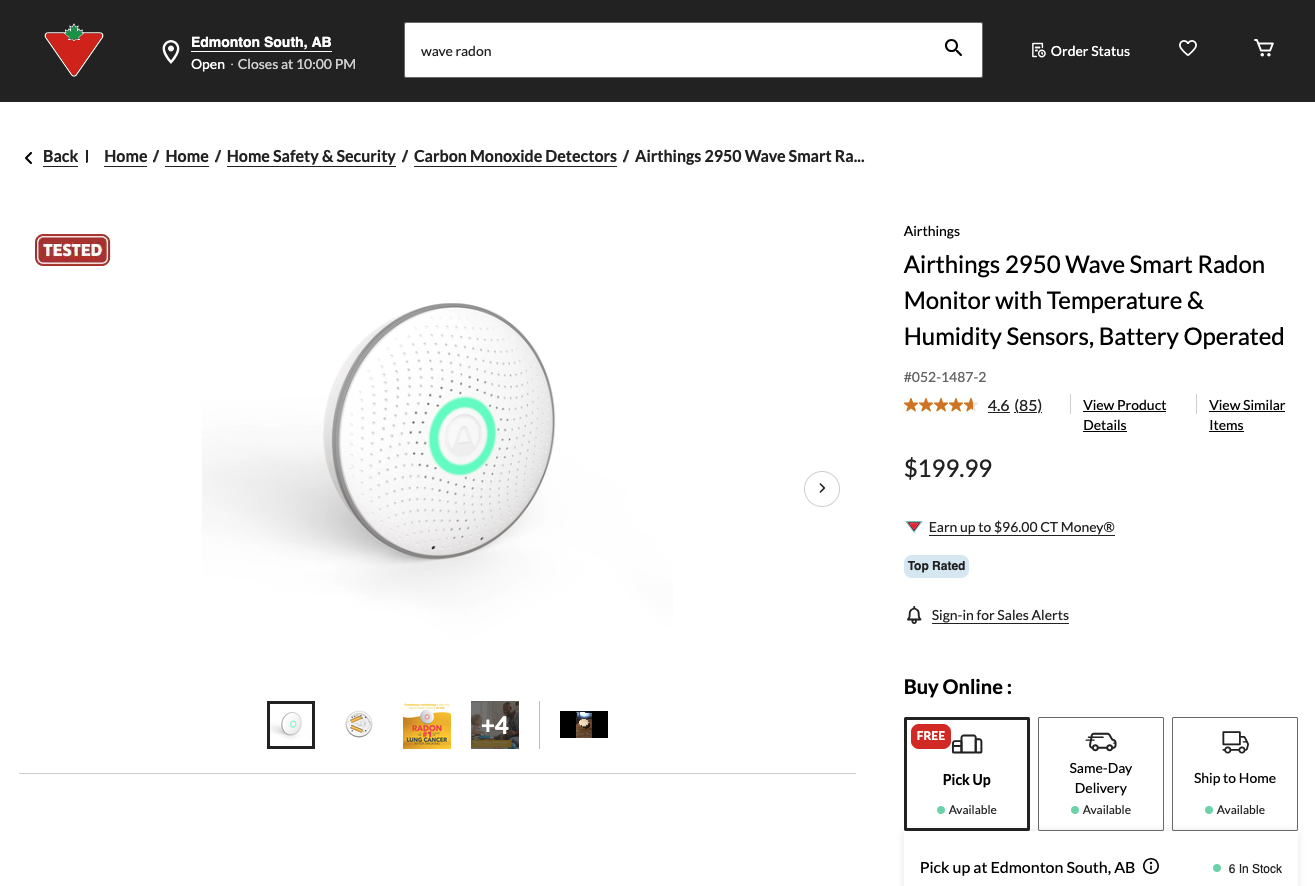 Canadian Tire product page for the Airthings 2950 Wave Smart Radon Monitor, $199.99, in stock at Edmonton South.