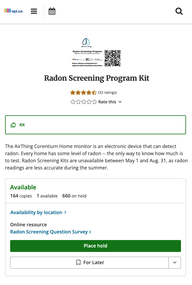 Edmonton Public Library catalogue page for the Radon Screening Program Kit, an AirThings Corentium Home monitor: 164 copies, 660 holds.