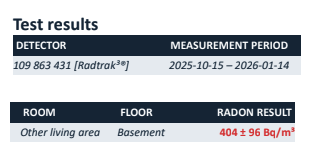 Evict Radon test results: detector measuring from 2025-10-15 to 2026-01-14, basement living area, radon result 404 &plusmn; 96 Bq/m&sup3;.