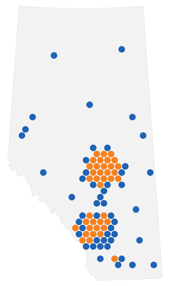 The same 2023 result with one equal-sized dot per riding: the dots cluster in Edmonton and Calgary, and orange NDP dots are close to half of them.
