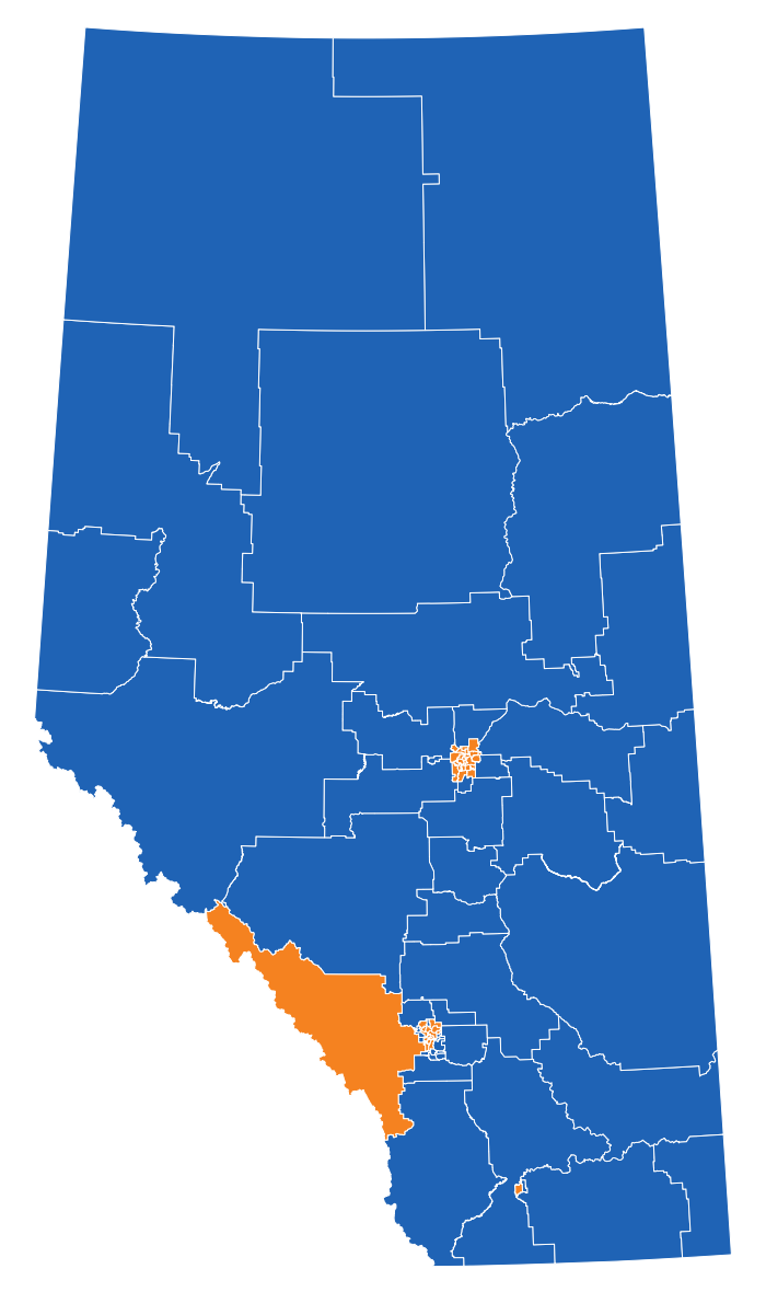 Map of Alberta 2023 provincial election results with each riding filled in: almost the entire province is UCP blue, with orange NDP only in Edmonton, Calgary, Banff and Lethbridge.