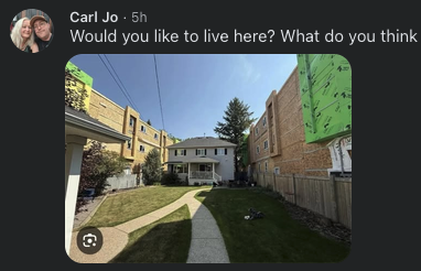 Facebook comment by Carl Jo: "Would you like to live here? What do you think," with the photo of a house boxed in by two infill buildings under construction.