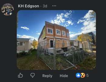 Facebook comment by KH Edgson with a photo of a three-storey infill building under construction behind a chain-link fence.